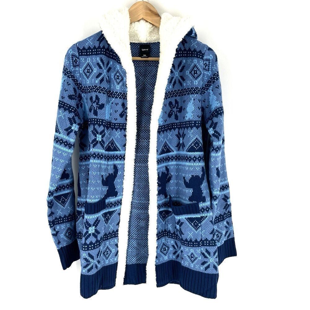 Hot Topic Disney Lilo & Stitch Cardigan Size Small Blue Sherpa Sweater Fair Isle
